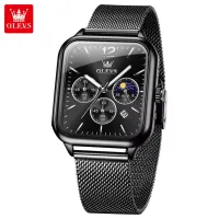 OLEVS 9914 Men's Watches Original Fashion Quartz Wristwatch Mesh Steel Waterproof Luminous Moon Phase Chronograph Square Watch